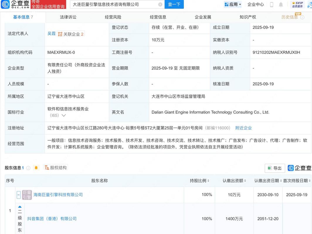 抖音在大連成立信息技術(shù)咨詢公司